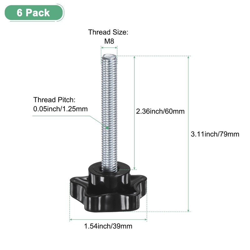 M METERXITY 6パック スタークランピングノブ 機械/電子機器/家具/傘ベース用 M8x60mmメススレッド手締めネジ 機械ハンドル交換[39mm 黒]