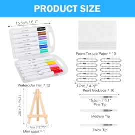 Puffy Paint Painting Set for Kids, 10× Foam Texture Paper, 12 Colours Markers, 3 Water Brushes, 10 Bead Chains & Mini Easel - 3D DIY Drawing Set (Rectangle)