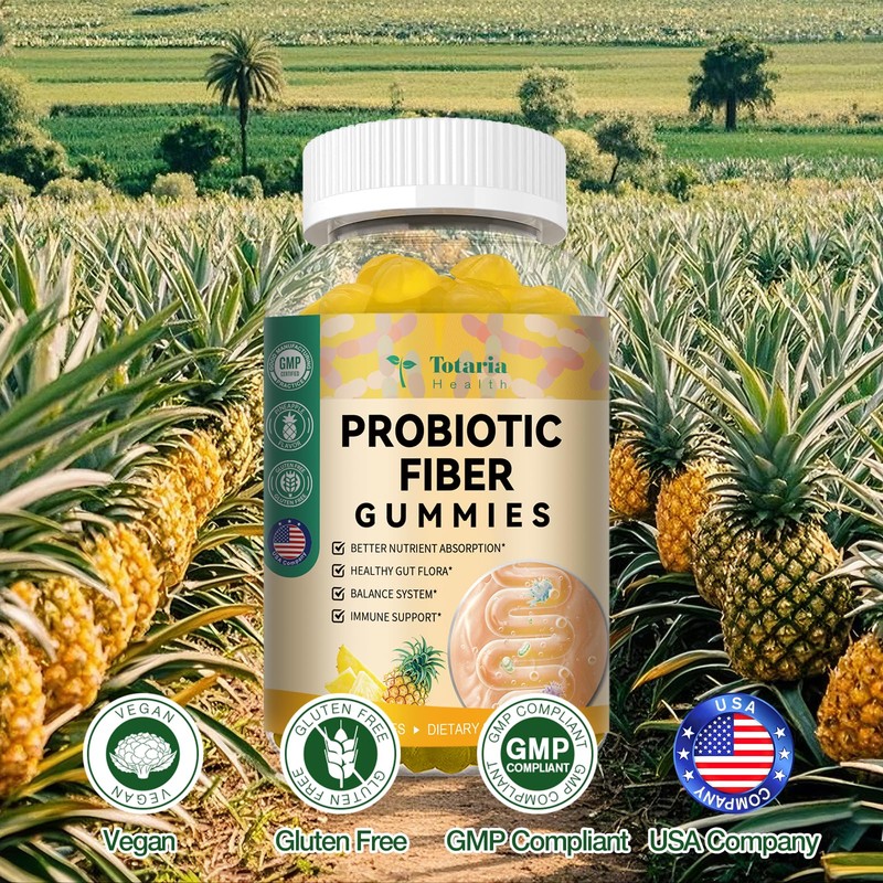 Totaria Probiotic Fiber Gummies, Pineapple Flavor, 60 Gummies per Bottle,