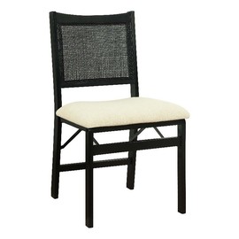 Linon Memphis Wood Folding Side Chair Woven Cane Back Beige Padded Seat in Black