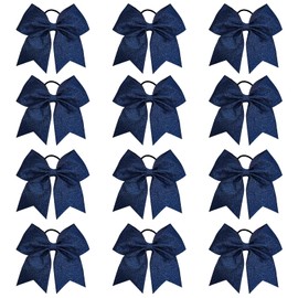 DEEKA 12 PCS 7" Large Glitter Cheer Bows Shiny Cheer Hair Bows Ponytail Holder Handmade for Cheerleader Girls Softball Sports -Navy Blue