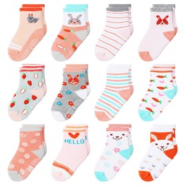 Toddler Socks Girls 12-36 Months Baby Socks 12 Pairs Non Slip with Grip Crew Cotton Socks for Girls Ages 1-3 (Multi-Patterns)