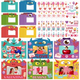 Ferraycle 30 Packs Valentines Day Gifts 30 Pictures Frame Craft and 12 Sticker DIY Monster Photo Frame Craft Kit for Valentines Party Exchange Gifts