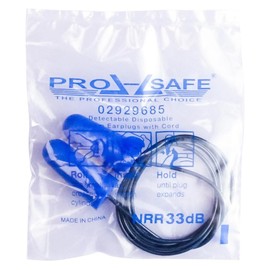 PRO-SAFE Metal Detectable Tapered Foam Earplugs with Cord: 200 Pairs Individually Wrapped, 33 dB Noise Reduction