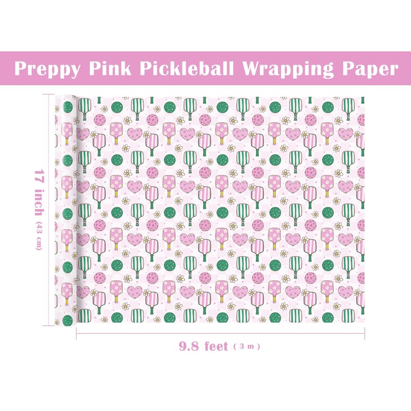 WRAPAHOLIC Preppy Pink Pickleball Wrapping Paper - Mini Roll -