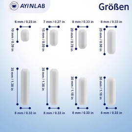 AyinLab - Barra de agitación magnética de PTFE, barra de agitación magnética, juego de 8 barras de agitación magnéticas, 10 mm/15 mm/20 mm/25 mm/30 mm/35 mm, barras de mezcla magnéticas para agitador