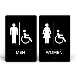 Promot Men and Women Handicap Restroom Sign – ADA Braille Bathroom Sign for Business, Self-Adhesive, 9" x 6", Commercial Door Signage, Office Wall Decor - Black