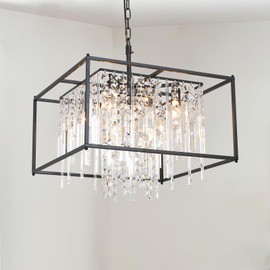 Aimluxin 4-Light Black Farmhouse Crystal Chandelier, 20" Industrial Square Chandeliers Modern Luxury Adjustable Ceiling Pendant Light Fixture for Kitchen Island Dining Room Bedroom Hallway Foyer