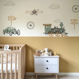 QUCHENG Watercolor Vintage Airplane Wall Stickers Self Adhesive Decals Kindergarten Large Waterproof Decor Kids Room Old Car Murals