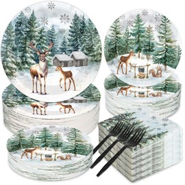 200 PCS Christmas Winter Plates and Napkins Hello Tableware Set Disposable Christmas Holiday Dinnerware Set Forest Snow Pine Trees elk for Xmas Holiday Birthday Party Decoration Supplies for 50 Guests
