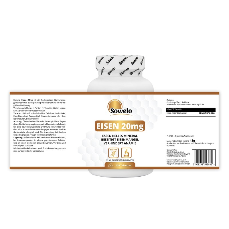 Iron Bisglycinate 20 mg, High Dosage, 120 Tablets, Supports Blood