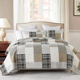 CozyStitch Plaid King Quilt - 100% Cotton King Comforter Set, Farmhouse Geometric King Quilt Bedding Set, Lightweight Soft Quilted Bedspread, Kahki/Cream/Gray/Black