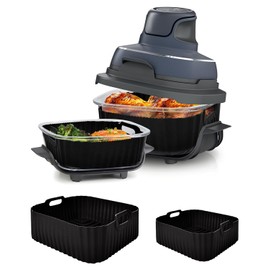 Upgraded Air Fryer Silicone Liners for Ninja Crispi FN101GY/FN101SG/FN101ST,Non-Stick Reusable Ninja Glass Air Fryer Accessories,Big Liner for 4 QT Container & Small Liner for 6 Cup Container, Black