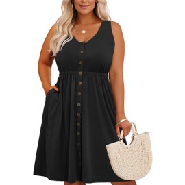 Holipick Women's Plus Size Summer Dresses for Women Casual Dress with Pockets A-Line Swing Button Down Sleeveless V Neck Black