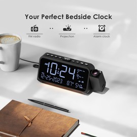 Radio Alarm Clock with Projection, Projection Alarm Clock for Bedroom, Type C & USB Port, Weekday/Weekend, Projection Clock DST Dimmer/Temperature/Date Display, Alarm Clock Digital for Bedside Table