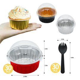 OYEL Aluminum Foil Cupcake Baking Cups (30pcs, 5oz) Round Cupcake Foil Cupcake Liners with Lids - Disposable Baking Cups for Pudding, Souffle, Party, Wedding (red)