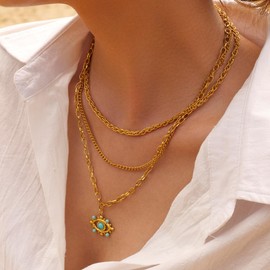 UniLogue Bohemian Common Luxury Stainless Steel 18k Gold Plated Turquoise Evil Eye Lace Chain, Unique and Versatile, Layered Choker Chain, Retro Devine Eye Gold Necklace Bracelet (Necklace)
