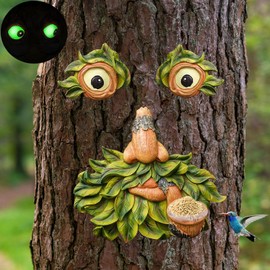Tree Faces Decor Outdoor, Bird Feeders for Outdoors, Old Man Tree Face Art Statues Hugger- Glow Eyes in Dark, Funny Garden Patio Art Statue Decor