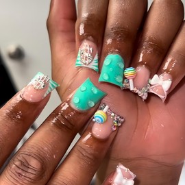 24Pcs French Tip Duck Press on Nails Short Fake Nails Handmade False Nails with Rhinestone, Lollipop Design Artificial Acrylic Nails Press ons Green Duck Nails Reusable Stick on Nails for Women