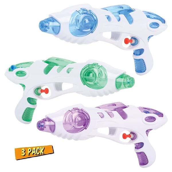 Galactic Water Squirt 8.5” Gun - 3 Pack (1 of Each Color). (Green, Purple and Blue) Blasters Great for Pool, Beach, Outdoor Summer Fun. Cool Birthday Party Favor for Kids (Three Pack)