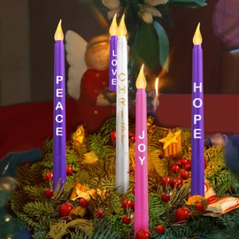 5 Pcs LED Flameless Advent Candle Set Christmas Advent Candles with Words Hope Peace Love Joy Christ and Remote Purple Pink White Taper Candles for Church Advent Wreath (Simple with Words and Remote)