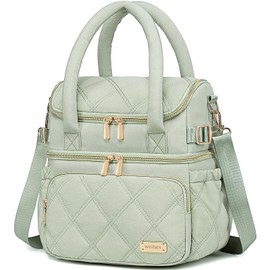 Weitars Lunch Bag for Women Men,Double Deck Lunch Box for Women,Quilted Lunch Tote for Work,Insulated Lunch Cooler Leakproof Lunchbox for Adult with Shoulder Strap &Pockets for Picnic Hiking (Green)