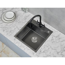 POPFLY 18×18 Inch Drop In Bar Prep Sink, 304 Stainless Steel Top mount Handmade Single Bowl Sink 9 Inche Deep Small Kitchen Sink with 2 Hole, Black