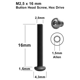 200 x M2.5 x 16mm Black Round Head Hex Socket Key Screws Alloy Steel Class 12.9 Length 16mm Button Head ISO 7380 High Hardness Carbon Steel