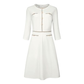 Hobemty Women's 3/4 Sleeve A-Line Dress 2024 Elegant Office Tweed Church Dresses Small White