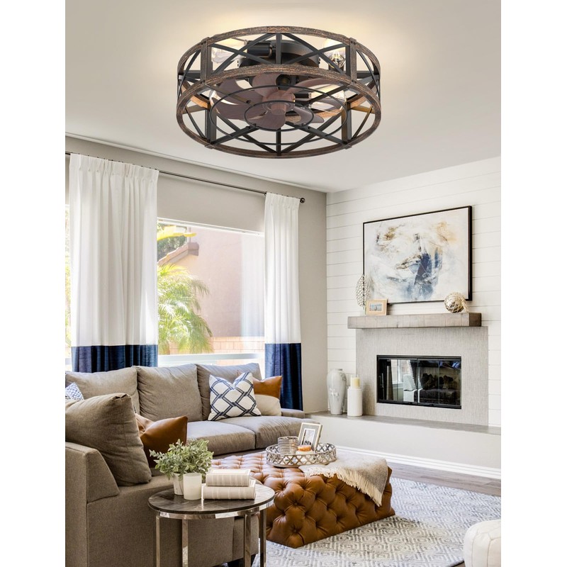 Caged Ceiling Fan with Light and Remote, 20" Low Profile