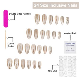 Chrome Press on Nails Medium Almond SWEKKE Light Brown Fake Nails False Nails with Designs Silver Glitter Full Cover Glossy Glue on Nails Acrylic Nails Stick on Nails for Women Girls 24 Pcs