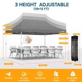 Hoteel Canopy 10x10 Heavy Duty Pop Up Canopy Tent with 4 Sidewalls,UPF50+ and Waterproof 1500mm,3 Height Adjustable,Upgraded Hexagonal Pipe,Commercial Instant Tent,for Picnic,Parties,Backyard,Grey