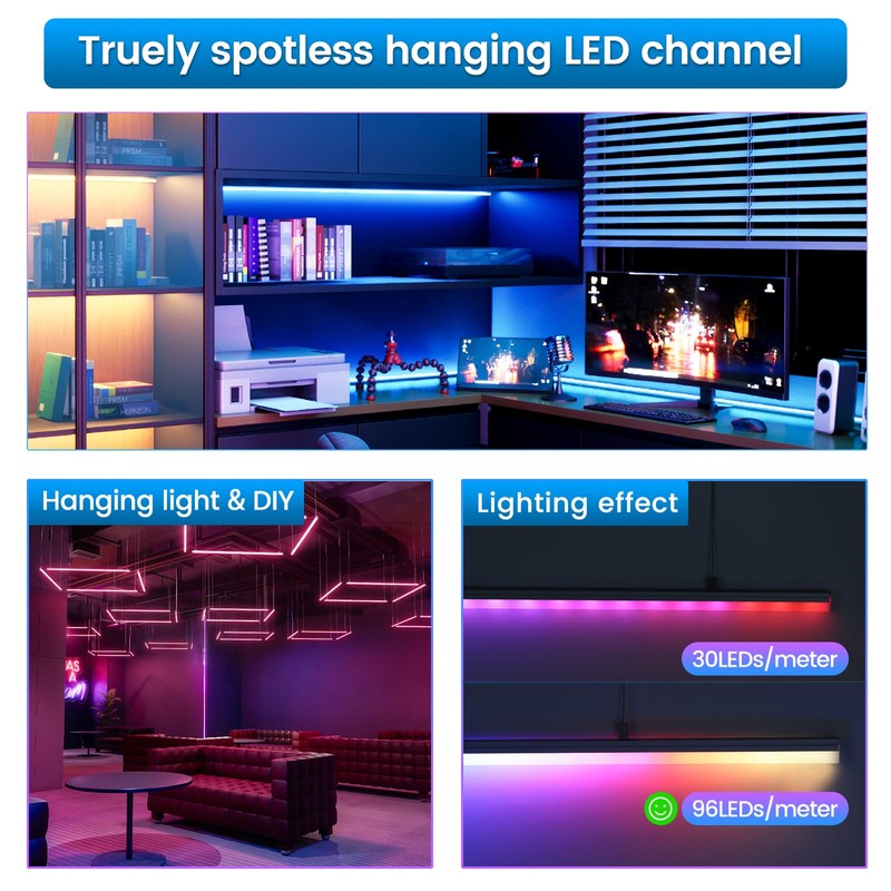 Muzata 5Pack 3.3FT/1M Spotless LED Channel with Hanging Wire No