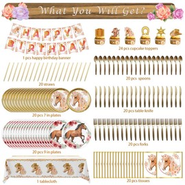 186PCS Horse Birthday Decorations Party Supplies Tableware Serves 20 - Plates Napkins Cups, Cutlery, Straws, Tablecloth, Banner and Cupcake Toppers Horse Party Decorations for Girls Kids