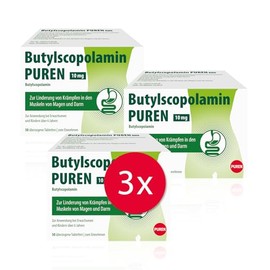 Butylscopolamine PUREN 10 mg 3 x 50 Coated Tablets for Abdominal Cramps - Antispasmodic Active Ingredient, Quick Effect, Targeted Relaxation, for Stomach & Intestines, from 6 Years