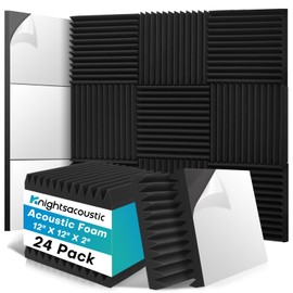 Knightsacoustic 24 Pack Sound Proof Foam Panels for Walls with Self Adhesive, 12x12x2 Acoustic Foam Panels, High Density Acoustic Panels Sound Absorbing, Fire Resistant Studio Sound Proofing Black
