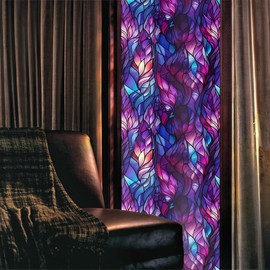 REDAMANCY Blue/Purple Flower Leaf Stained Glass Window Films Decorative Double-Side Privacy Film Self-Adhesive Static Glass Window Clings for Living Room Bathroom 15.7x118in/40x300cm