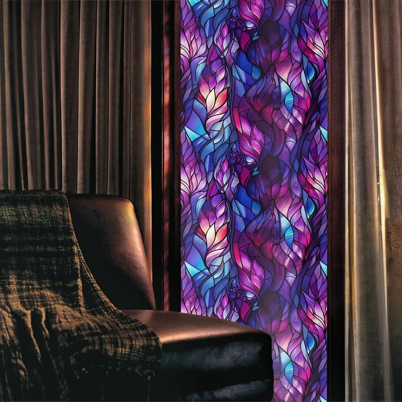REDAMANCY Blue/Purple Flower Leaf Stained Glass Window Films Decorative Double-Side