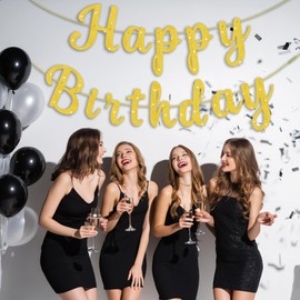Pre-Strung Glitter Happy Birthday Banner Garlands Gold Happy Birthday Sign Banners for Women Men Boys Girls Party Backdrop Wall Door Decorations