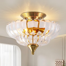 FTL Gold Semi Flush Mount Ceiling Light, Vintage Scalloped Transparent Glass Chandelier, 2-Light Close to Ceiling Light Fixture for Bedroom Kitchen Foyer Entryway Hallway
