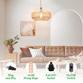 Garvot Hanging Lamp Plug in Pendant Light Rattan Hanging Lights with Plug in Cord Hanging lamp Hanging Lights with Plug in Cord Hanging lamp for Living roon