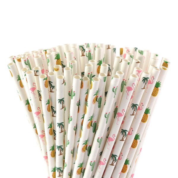 ALINK Hawaiian Tropical Party Paper Straws, Flamingo/Pineapple/Cactus/Coconut Tree Biodegradable Straws for Beach Cocktail Luau Decorations, Pack of 100