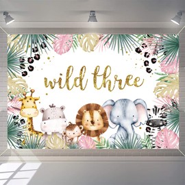 Safari Wild Three Backdrop Cartoon Safari Animal Jungle Girl 3rd Birthday Party Decoration Photography Backdrop Birthday Poster, 150cm x 90cm