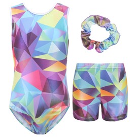 FEOYA Girls' Gymnastics Shorts Headband Set Sleeveless/Long Sleeve Children's Leotard with Rhinestones Girls Set of 3 Gymnastics Clothing Dance Costumes, G, 9 - 10 years