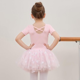 Tancefair Ballet Clothing Ballet Dress Girls Short Sleeve Cotton Ballet Jersey Gymnastics Costume Ballet Suit Dance Dress Dance Leotard Dance Body with Skirt Tutu, pink, 140