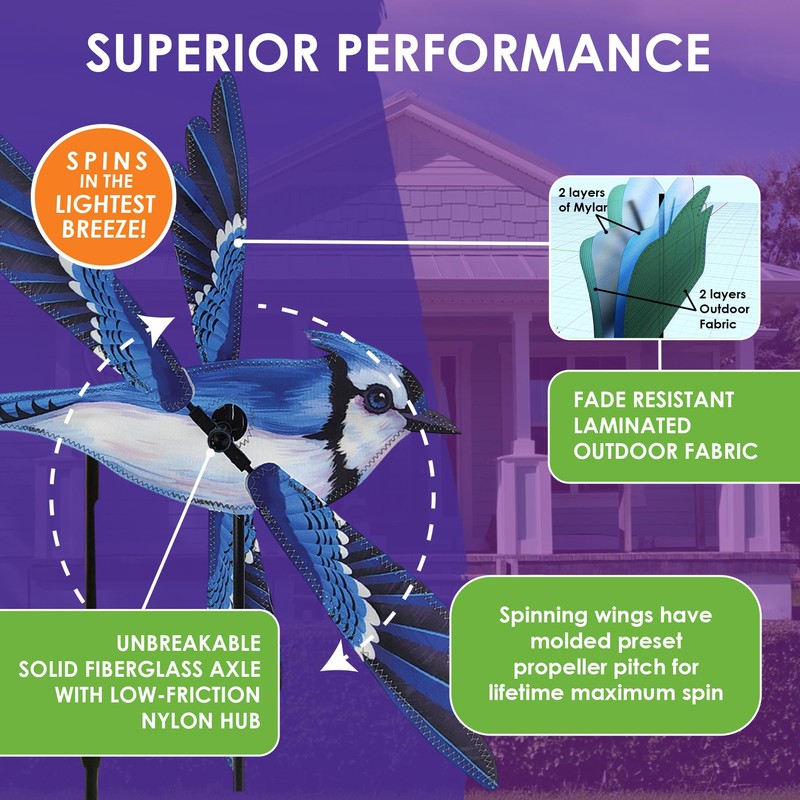 Whirligig Spinner Blue Jay 25" – Stunning Bird-Themed Design, Weather-Resistant