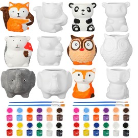 Sunnychicc 12 Sets DIY Ceramic Animal Succulent Pots Figurines Unpainted Ceramic Bisque Paintable Animal Ceramic Flowerpots with Drainage Hole Ready to Paint for Kids Christmas Craft Project