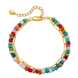 Irregular Crystal Beaded Layered Bracelets.Gold Paperclip Bracelet Adjustable Color Rice Beads Bracelet Bohemia Jewelry Gifts for Women (Gold)