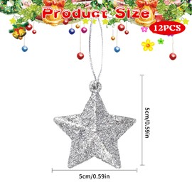 Gukasxi 12Pcs Glitter Stars Hanging Ornaments Christmas Tree Decorations 5cm Pentagram Hanging Ornaments 3D Glitter Star Pendants for Xmas Tree Ornament Gift Wrapping Decor (Silver)