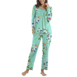 TAOHUADAO Womens Fall 2 Piece Pajama Sets, Long sleeve Pleated Tunic Tops with Comfy Pants, Lounge Sleepwear Ladies Pjs Sets with Pockets 2XL, Mint Green